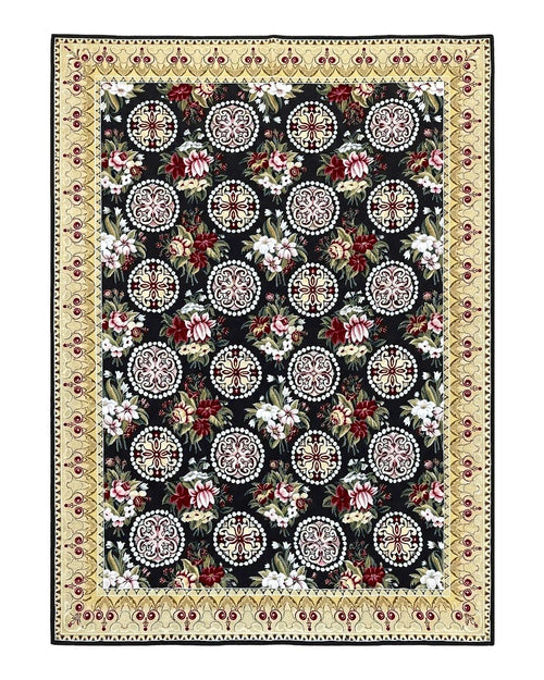 9x12 Black Needlepoint Rug, European Floral Panel Design, Handwoven, Vintage Chinese Needlepoint, Black Green Beige, Wool Rug 9 x 12