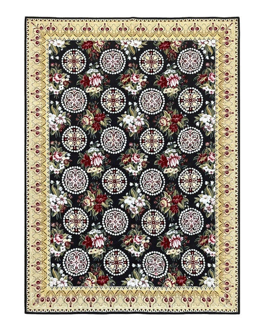 9x12 Black Needlepoint Rug, European Floral Panel Design, Handwoven, Vintage Chinese Needlepoint, Black Green Beige, Wool Rug 9 x 12
