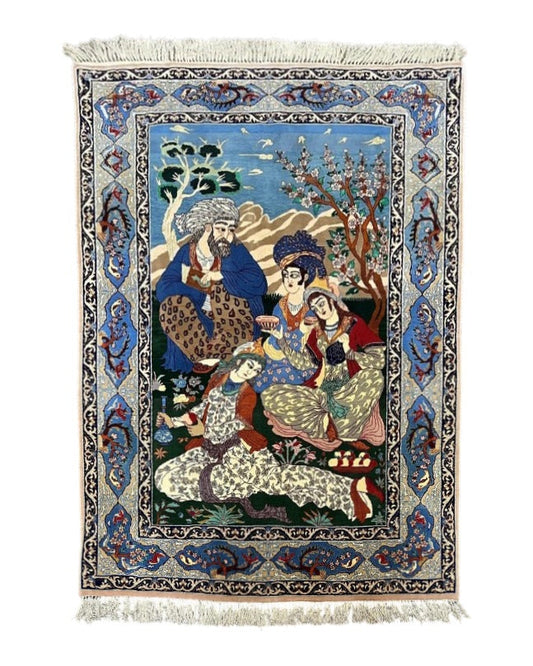 Fine Persian Isfahan Pictorial Rug 3.7 x 5, Kork Wool on Silk Foundation, Blue Persian Carpet, Hand Knotted, Humans Birds, High KPSI, Semi Antique