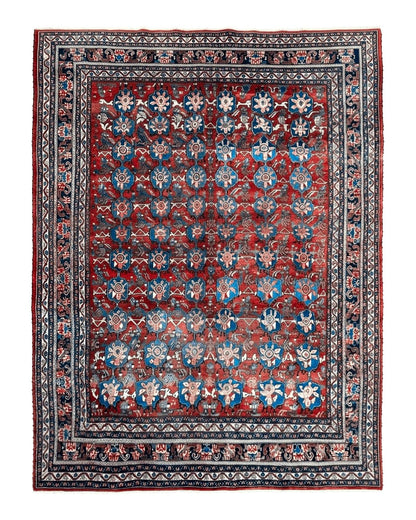 Antique Persian Bijar Rug 9x12 - Allover Motif, Red & Blue
