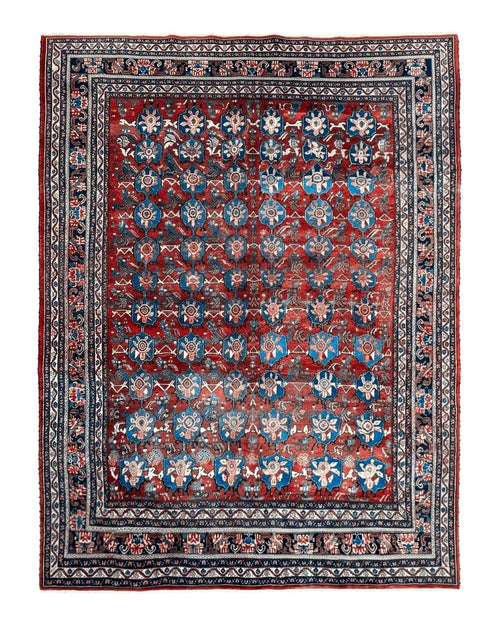 Antique Persian Bijar Rug 9x12 - Allover Motif, Red & Blue
