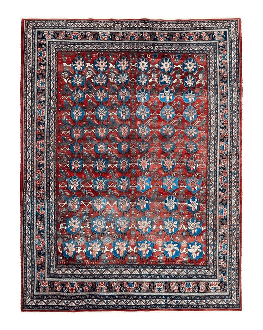 Antique Persian Bijar Rug 9x12 - Allover Motif, Red & Blue