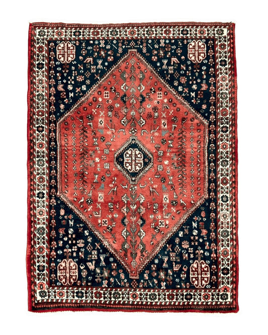 Persian Tribal Rug 3.6 x 5 ft, Persian Abadeh Rug, Geometric Medallion Bird Motifs, Red and Navy Blue Hand Knotted Handmade Wool Vintage Oriental Carpet