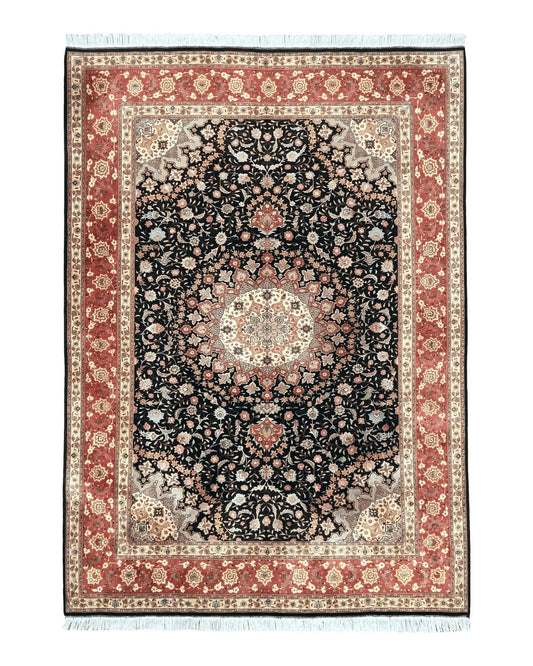 Marvelous Persian Tabriz Rug 7x10 ft, Super Fine 50 Raj, 300+ KPSI, Black and Rust Red, Floral Medallion Handmade Wool Oriental Carpet, Top Quality