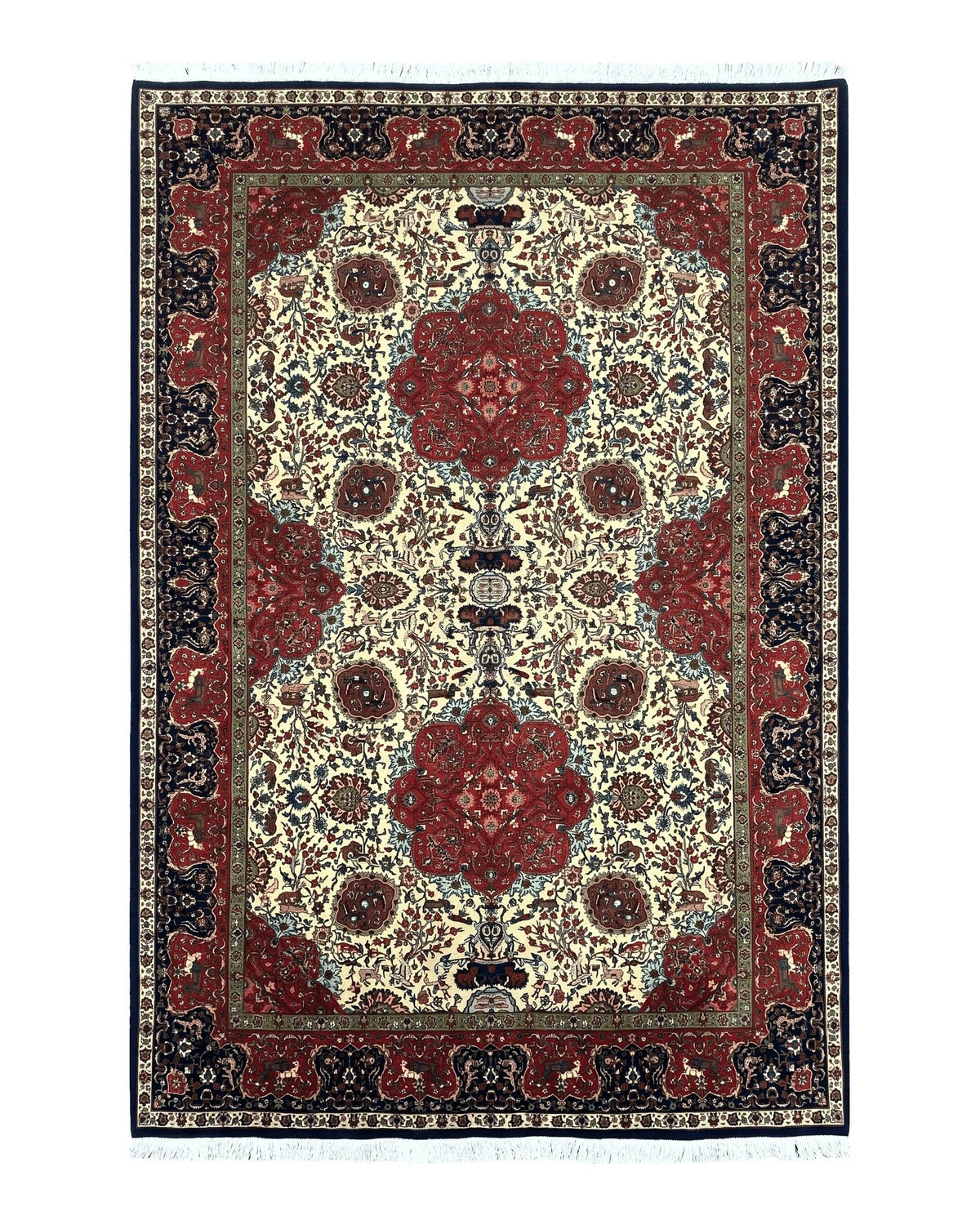 Wonderful Sino Persian Rug 6x10 with Animal Pictorial Motifs, Cream Dark Red Navy Blue, Birds Gazelles, Two Medallions, Top Quality Handmade
