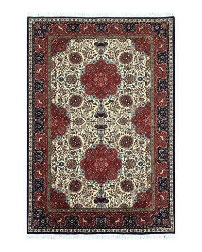 Wonderful Sino Persian Rug 6x10 with Animal Pictorial Motifs, Cream Dark Red Navy Blue, Birds Gazelles, Two Medallions, Top Quality Handmade