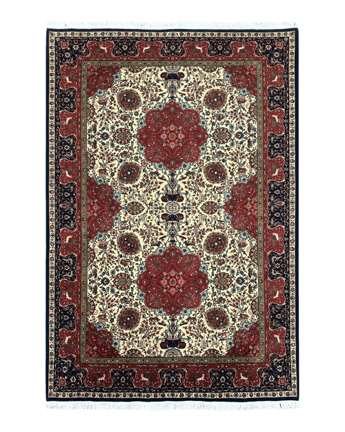 Wonderful Sino Persian Rug 6x10 with Animal Pictorial Motifs, Cream Dark Red Navy Blue, Birds Gazelles, Two Medallions, Top Quality Handmade
