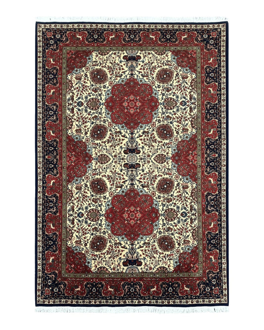 Wonderful Sino Persian Rug 6x10 with Animal Pictorial Motifs, Cream Dark Red Navy Blue, Birds Gazelles, Two Medallions, Top Quality Handmade