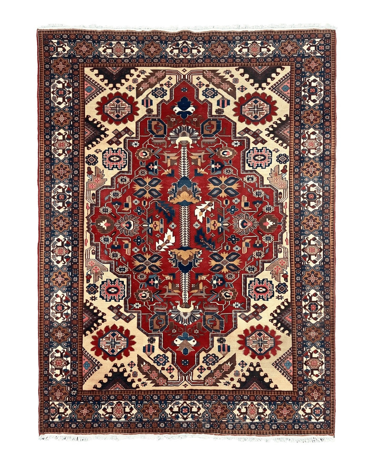 Antique Persian Heriz Rug 8x12 ft, Geometric Tribal Room Sized Carpet, Camel Hair Red Navy Blue, Wool Hand Knotted Medallion Oriental Carpet