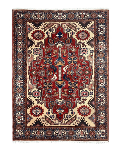 Antique Persian Heriz Rug 8x12 ft, Geometric Tribal Room Sized Carpet, Camel Hair Red Navy Blue, Wool Hand Knotted Medallion Oriental Carpet