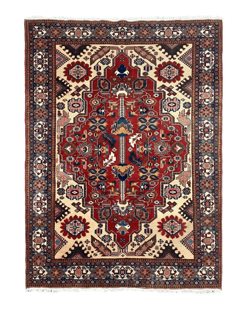 Antique Persian Heriz Rug 8x12 ft, Geometric Tribal Room Sized Carpet, Camel Hair Red Navy Blue, Wool Hand Knotted Medallion Oriental Carpet
