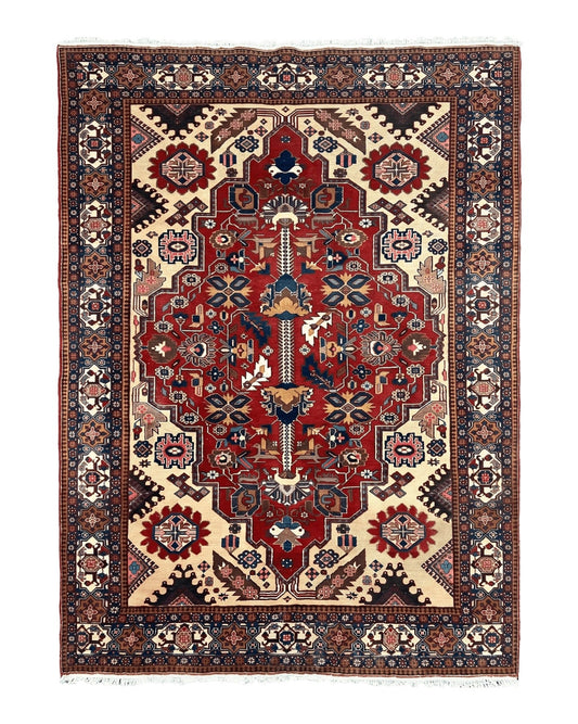 Antique Persian Heriz Rug 8x12 ft, Geometric Tribal Room Sized Carpet, Camel Hair Red Navy Blue, Wool Hand Knotted Medallion Oriental Carpet