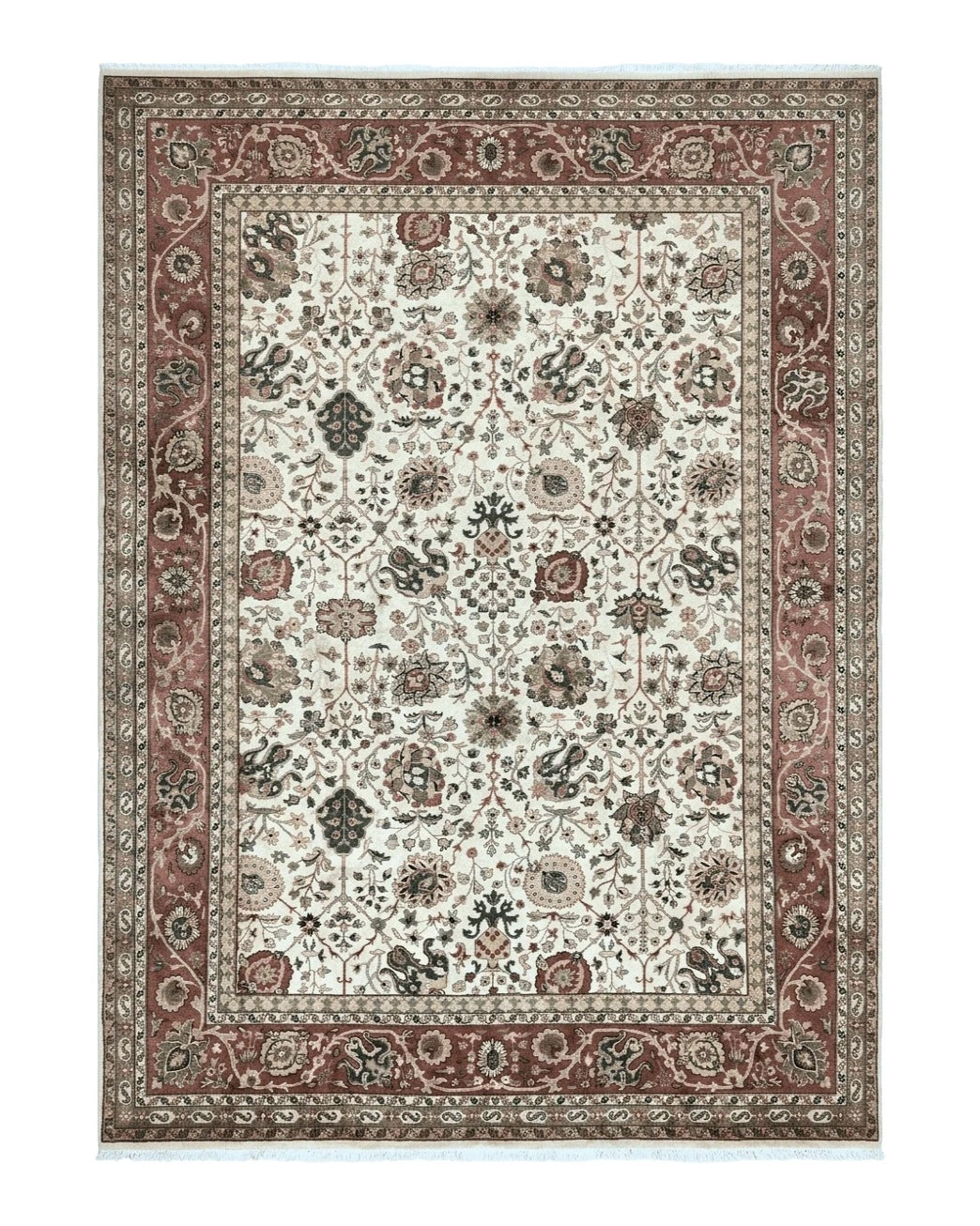 Large Indian Rug 10x14, Hand Knotted Indo Persian Gandehar Oriental Carpet, Vintage Wool Rug 10 x 14 ft Cream Red Floral Allover Traditional