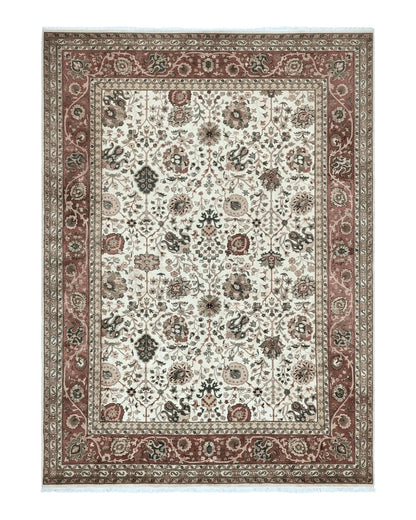 Large Indian Rug 10x14, Hand Knotted Indo Persian Gandehar Oriental Carpet, Vintage Wool Rug 10 x 14 ft Cream Red Floral Allover Traditional