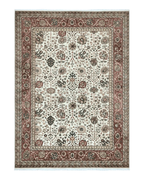 Large Indian Rug 10x14, Hand Knotted Indo Persian Gandehar Oriental Carpet, Vintage Wool Rug 10 x 14 ft Cream Red Floral Allover Traditional