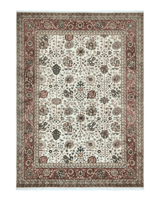 Large Indian Rug 10x14, Hand Knotted Indo Persian Gandehar Oriental Carpet, Vintage Wool Rug 10 x 14 ft Cream Red Floral Allover Traditional