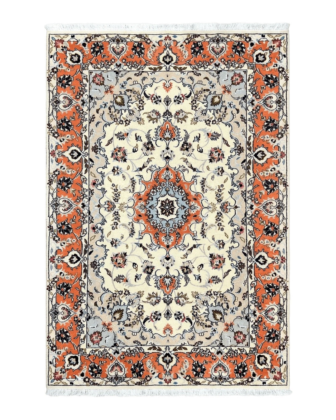 Persian Tabriz Rug 4.5  x 6.8, Finely Hand Knotted Wool with Silk Highlights Vintage Oriental Carpet, Cream and Salmon, High KPSI, Floral Medallion