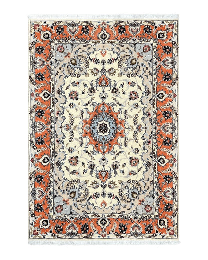 Persian Tabriz Rug 4.5  x 6.8, Finely Hand Knotted Wool with Silk Highlights Vintage Oriental Carpet, Cream and Salmon, High KPSI, Floral Medallion
