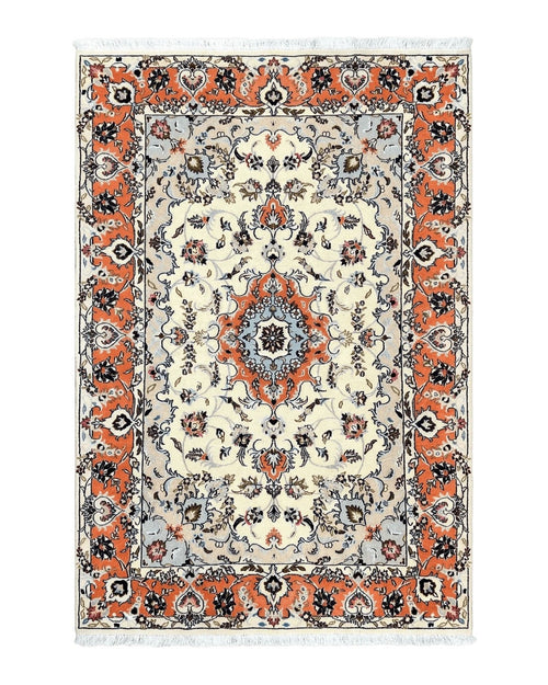 Persian Tabriz Rug 4.5  x 6.8, Finely Hand Knotted Wool with Silk Highlights Vintage Oriental Carpet, Cream and Salmon, High KPSI, Floral Medallion