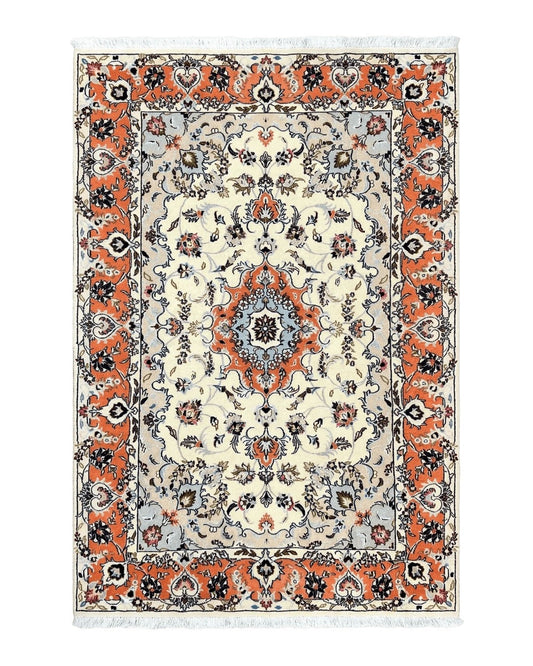 Persian Tabriz Rug 4.5  x 6.8, Finely Hand Knotted Wool with Silk Highlights Vintage Oriental Carpet, Cream and Salmon, High KPSI, Floral Medallion
