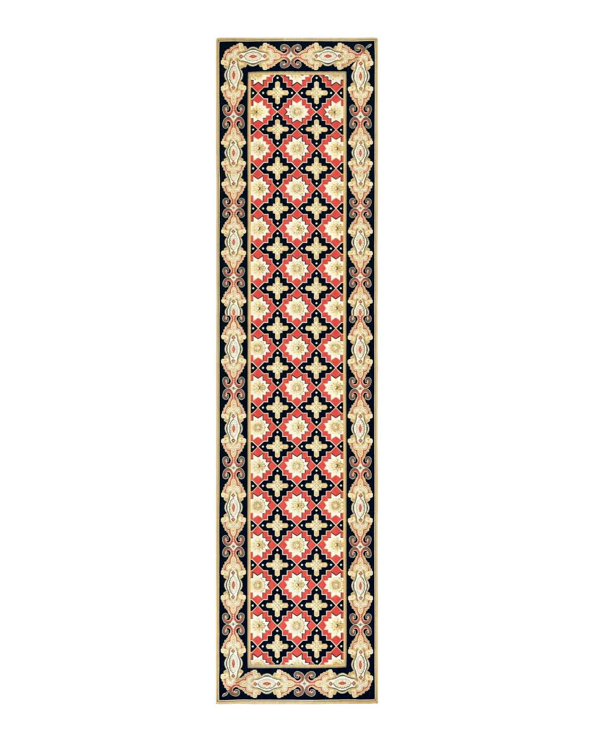 Vintage Runner Rug 3.5 x 14, Long Runner Rug, Stark Custom Made Carpet, European Design, Red Black Ivory Tan, Long Rug for Hallway