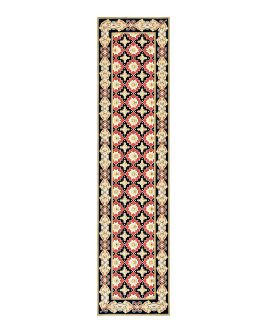 Vintage Runner Rug 3.5 x 14, Long Runner Rug, Stark Custom Made Carpet, European Design, Red Black Ivory Tan, Long Rug for Hallway