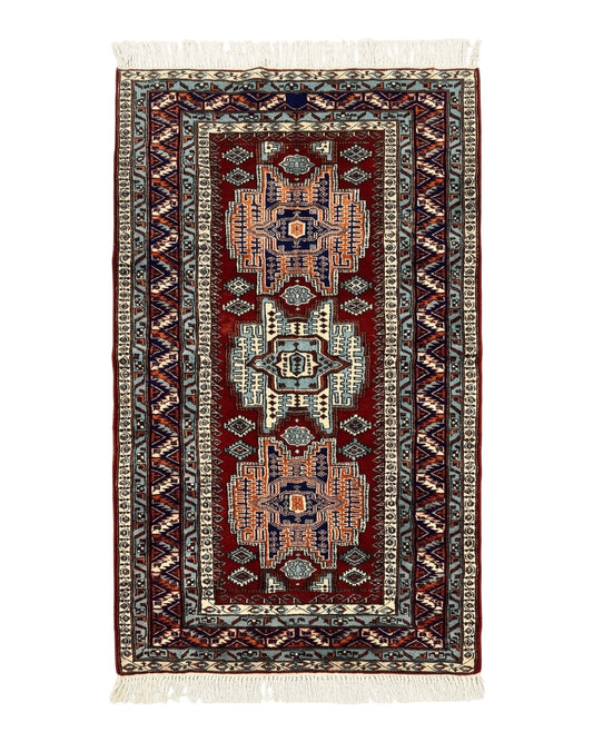 Pakistani Rug 3x5 ft, Caucasian Kazak Design, Geometric Rug, Small Vintage Oriental Carpet, Dark Red Vintage Handmade Wool Rug 3 x 5