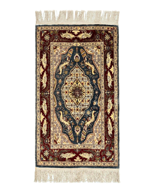 Silk Turkish Hereke Rug 2x3, Peacocks Birds, Signature from Master Weaver, Super Finely Hand Knotted 550 KPSI, Animal Pictorials
