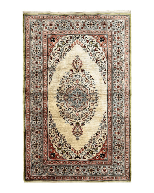 Silk Turkish Kayseri Rug 2x3, Very Finely Hand Knotted, Semi Open Field, Vintage, Silk Pile on Silk Foundation, 300 KPSI