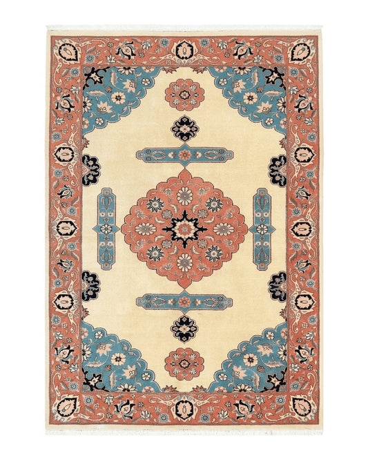 Romanian Heriz Serapi Rug 6x9, Hand Knotted Vintage Wool Oriental Carpet, Medium Sized Area Rug, Boho Rug, Handmade Rug, Cream and Pink