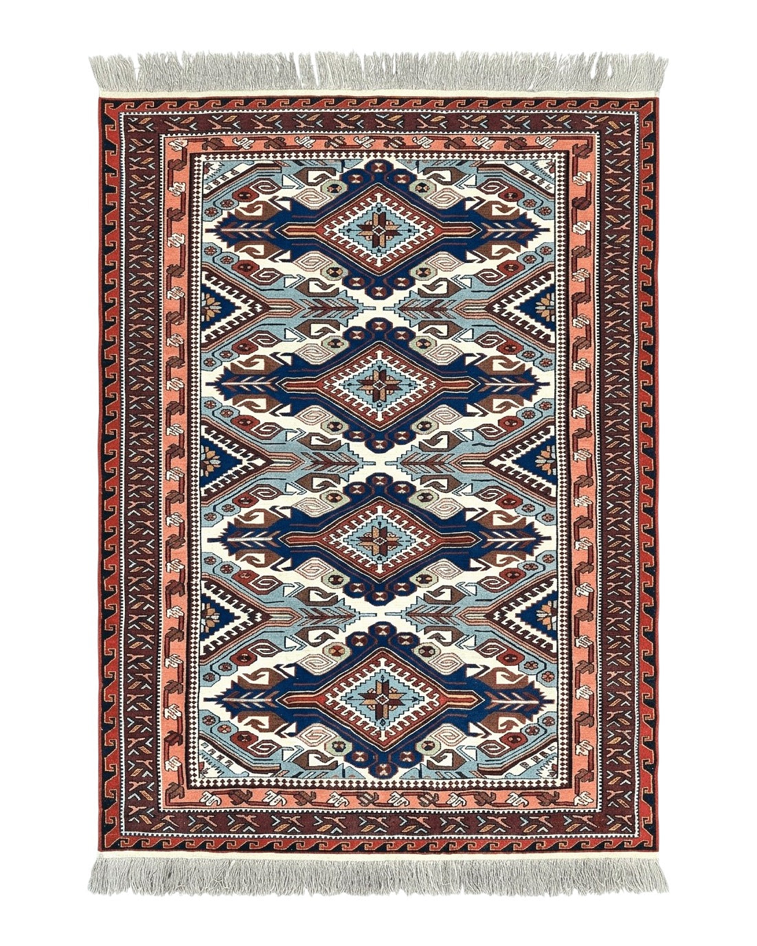 Russian Soumak Rug 6x8, Wool Handmade Antique Kilim Carpet, Multicolor 6 x 8 Geometric Medallions Caucasian Rug, Medium Size