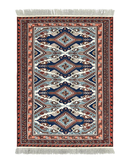 Russian Soumak Rug 6x8, Wool Handmade Antique Kilim Carpet, Multicolor 6 x 8 Geometric Medallions Caucasian Rug, Medium Size