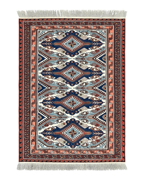 Russian Soumak Rug 6x8, Wool Handmade Antique Kilim Carpet, Multicolor 6 x 8 Geometric Medallions Caucasian Rug, Medium Size
