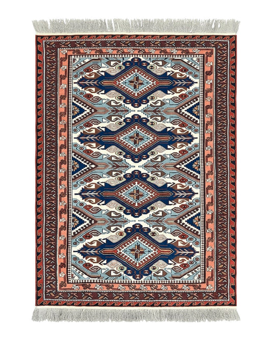 Russian Soumak Rug 6x8, Wool Handmade Antique Kilim Carpet, Multicolor 6 x 8 Geometric Medallions Caucasian Rug, Medium Size