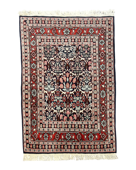 Pak Persian Rug 3x4, Wool Hand Knotted Vintage Traditional Carpet, Navy Blue & Red, Very Fine Small Handmade Floral Rug