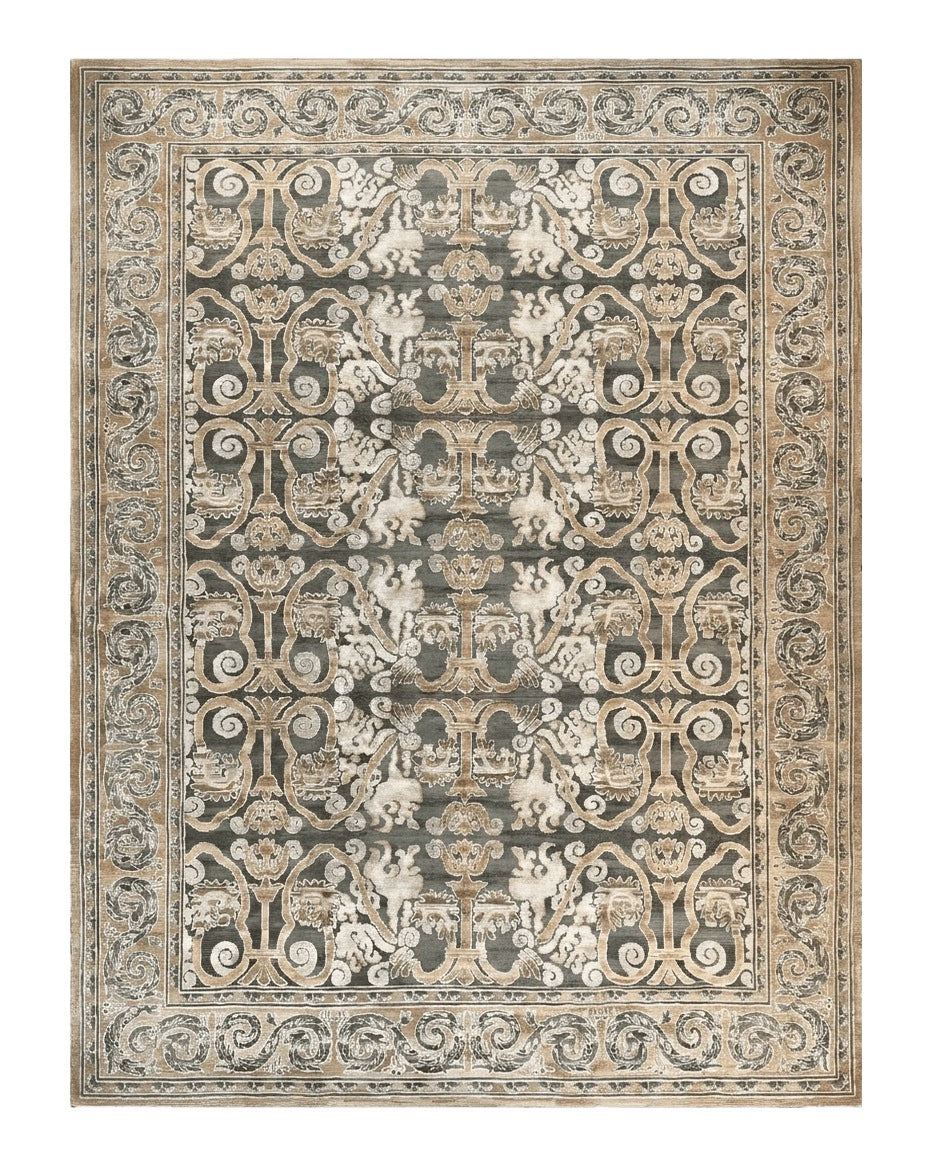 Spanish Rug 11x14, Wool Hand Knotted Vintage Carpet, Olive Green and Beige, Floral Allover, European Design, 11 x 14 Rug