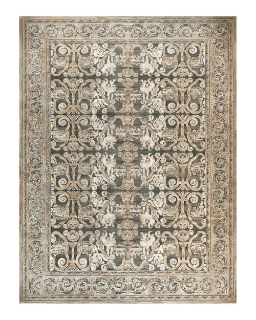 Spanish Rug 11x14, Wool Hand Knotted Vintage Carpet, Olive Green and Beige, Floral Allover, European Design, 11 x 14 Rug