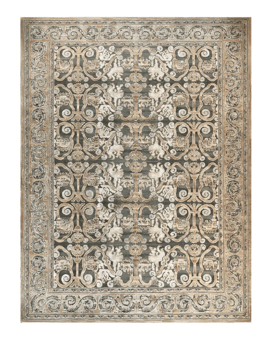 Spanish Rug 11x14, Wool Hand Knotted Vintage Carpet, Olive Green and Beige, Floral Allover, European Design, 11 x 14 Rug
