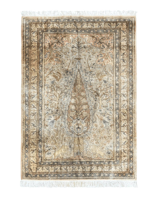 Turkish Kayseri Silk Rug 4x6, Tree of Life Pattern, Vintage Handmade Hand Knotted Carpet, Animal Pictorials, Birds