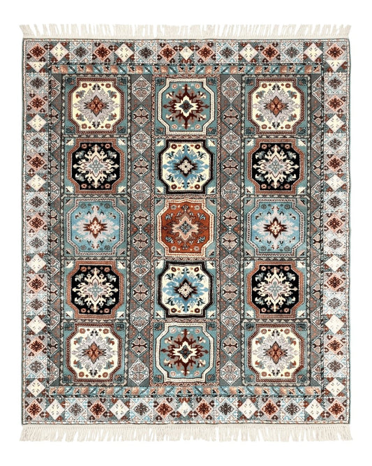 Moroccan Rug 7x8, Wool Hand Knotted Vintage Carpet, Multicolor Panel Design Oriental Rug