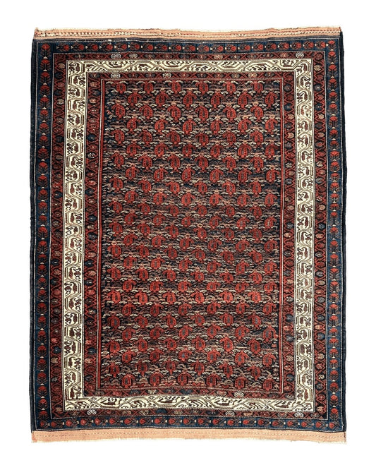 Persian Kurdish Rug 5x6, Wool Hand Knotted Vintage Carpet, Red Blue Cream, Boteh Paisley Pattern, 5 x 6 Medium Sized Oriental Rug