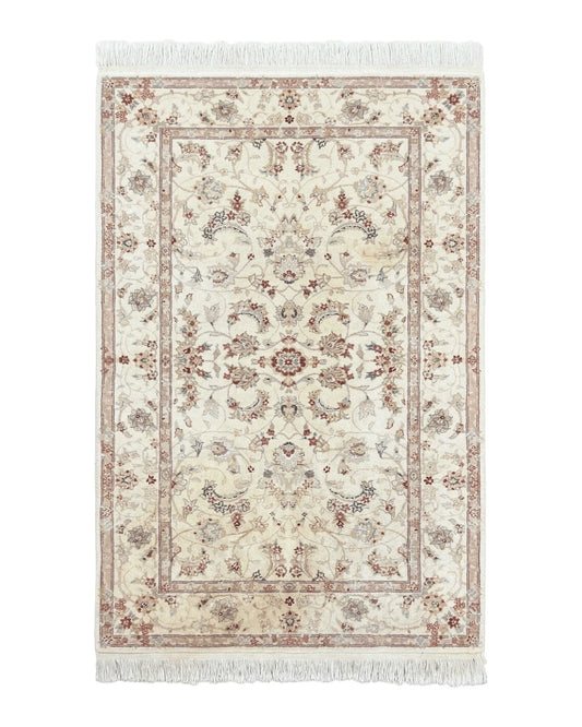 Sino Persian Rug 3x5, Wool with Silk Highlights, Ivory Floral Traditional Wool Area Rug, Fine Oriental Carpet, Vintage 3 x 5 Handmade Rug