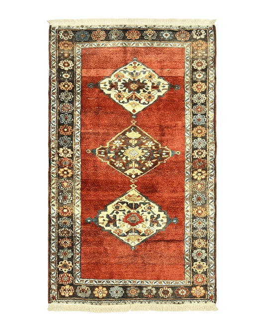 Antique Persian Bidjar Rug 4x8, Triple Medallions, Handmade Oriental Carpet, 1920s Rug, Wool Rug, Red
