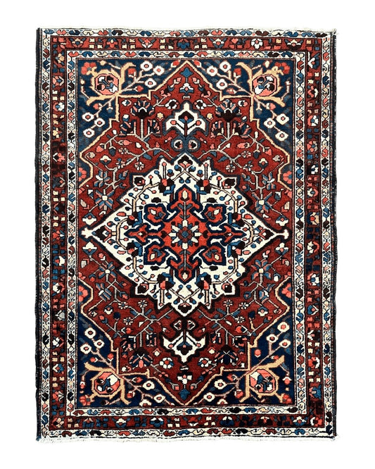 Persian Bakhtiari Rug 5 x 6.6, Tribal Geometric Carpet, Red Ivory, Handmade Wool Medium Sized Oriental Rug, Semi Antique Vintage