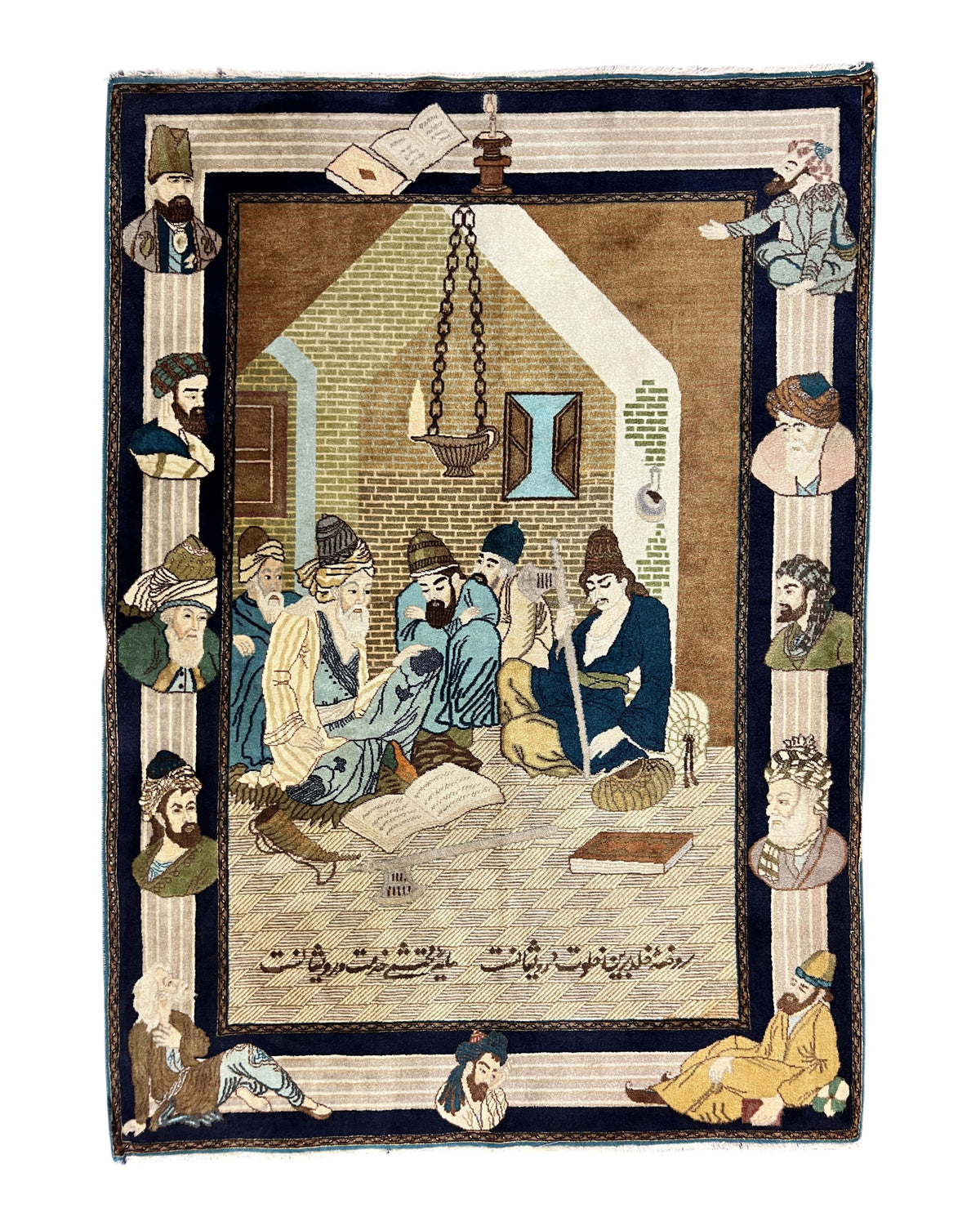 Persian Tabriz Pictorial Rug 3x5, Wall Hanging Carpet, Very Fine 60 Raj 475 KPSI, Hand Knotted Vintage Semi Antique, Wool, Persian Poetry