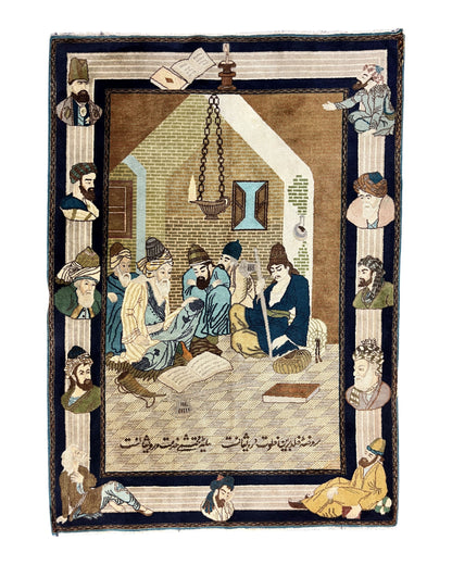 Persian Tabriz Pictorial Rug 3x5, Wall Hanging Carpet, Very Fine 60 Raj 475 KPSI, Hand Knotted Vintage Semi Antique, Wool, Persian Poetry