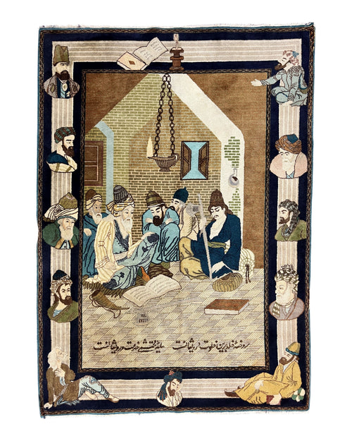 Persian Tabriz Pictorial Rug 3x5, Wall Hanging Carpet, Very Fine 60 Raj 475 KPSI, Hand Knotted Vintage Semi Antique, Wool, Persian Poetry
