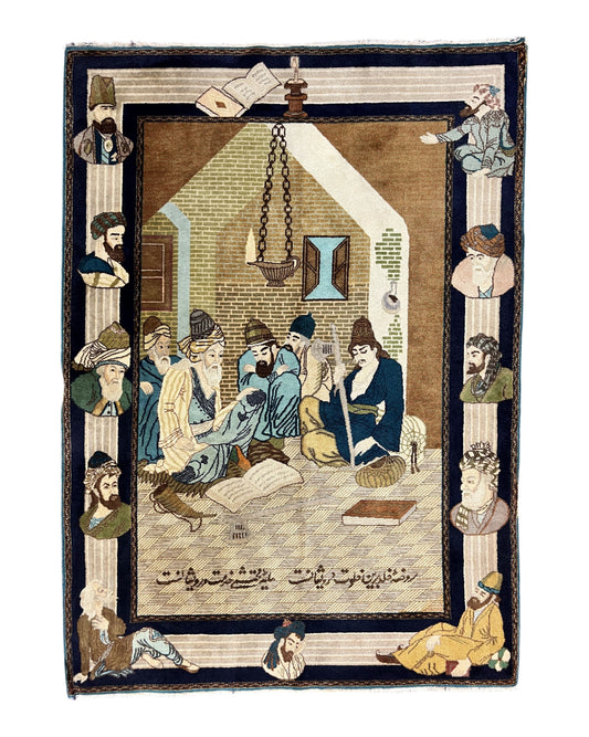 Persian Tabriz Pictorial Rug 3x5, Wall Hanging Carpet, Very Fine 60 Raj 475 KPSI, Hand Knotted Vintage Semi Antique, Wool, Persian Poetry