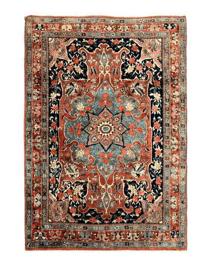 Antique Persian Bidjar Rug 4x5, Red and Blue, Hand Knotted Wool Carpet