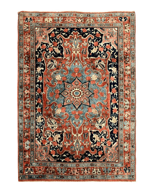 Antique Persian Bidjar Rug 4x5, Red and Blue, Hand Knotted Wool Carpet